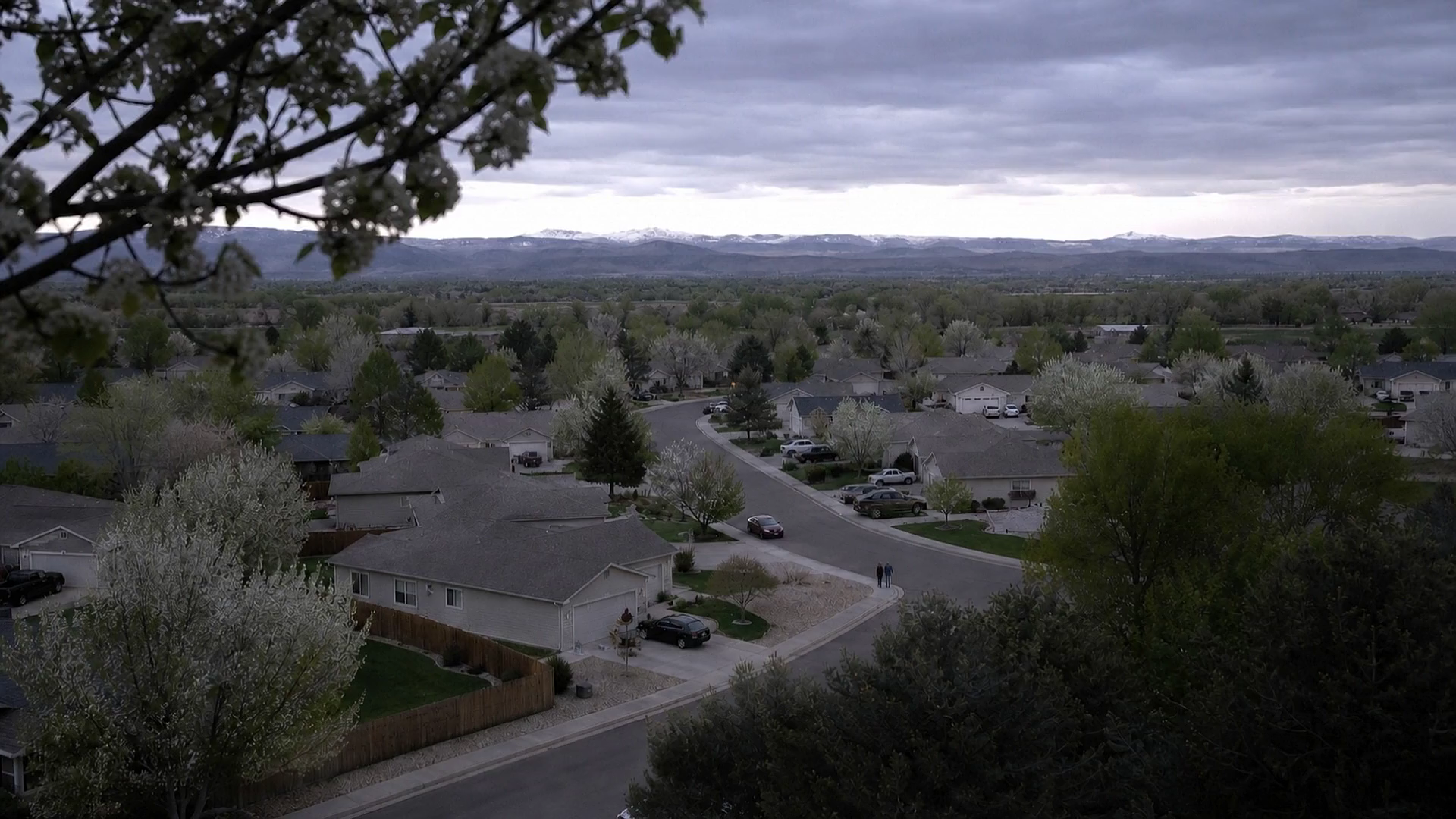 Illustration: an aerial view of a residential development at dusk, streets and rooftops laid out below, pale spring canopy, a snow-topped range along the horizon under an overcast sky.