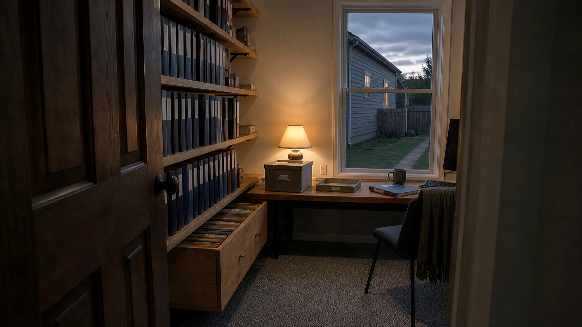 Illustration: the view through an open door into a small records room at dusk, shelves of ring binders along one wall, a filing drawer standing open beneath them, a lamp lit beside a document box on a desk, a window looking out on a neighboring house and a fenced lawn.