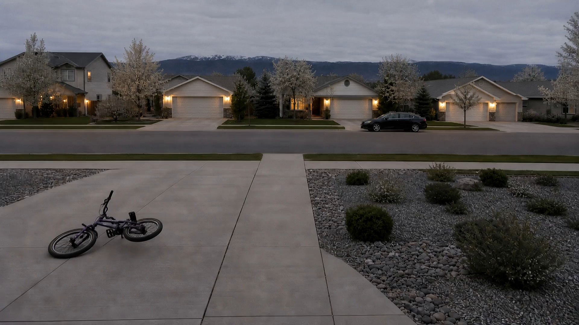 Illustration: a driveway at dusk looking across a residential street, a child's bicycle lying on the concrete, a bed of gravel and low shrubs to one side, houses with lit garages and blossoming trees opposite, a snow-topped range along the horizon.
