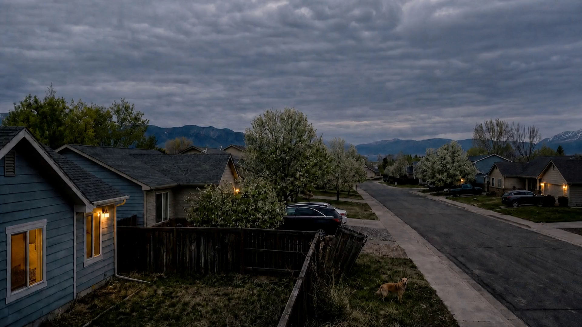 Illustration: rising from street level at dusk, rooftops and treetops coming into view, a snow-topped range appearing along the horizon.